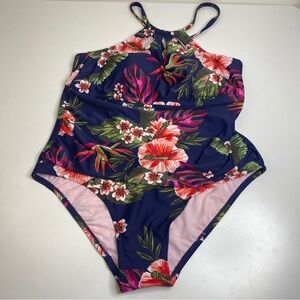 Kona Sol One Piece Swimsuit Size 18W Plus Size Keyhole Navy Floral
